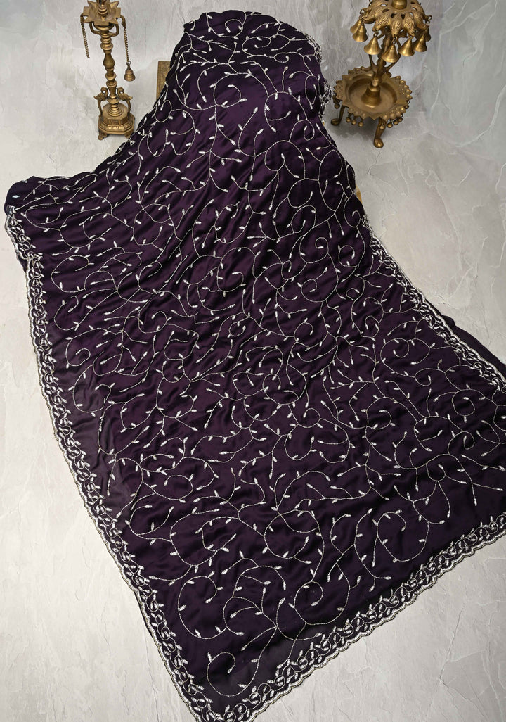 Deep Purple Satin Georgette saree with Cutdana,Stone Work and Full Jall