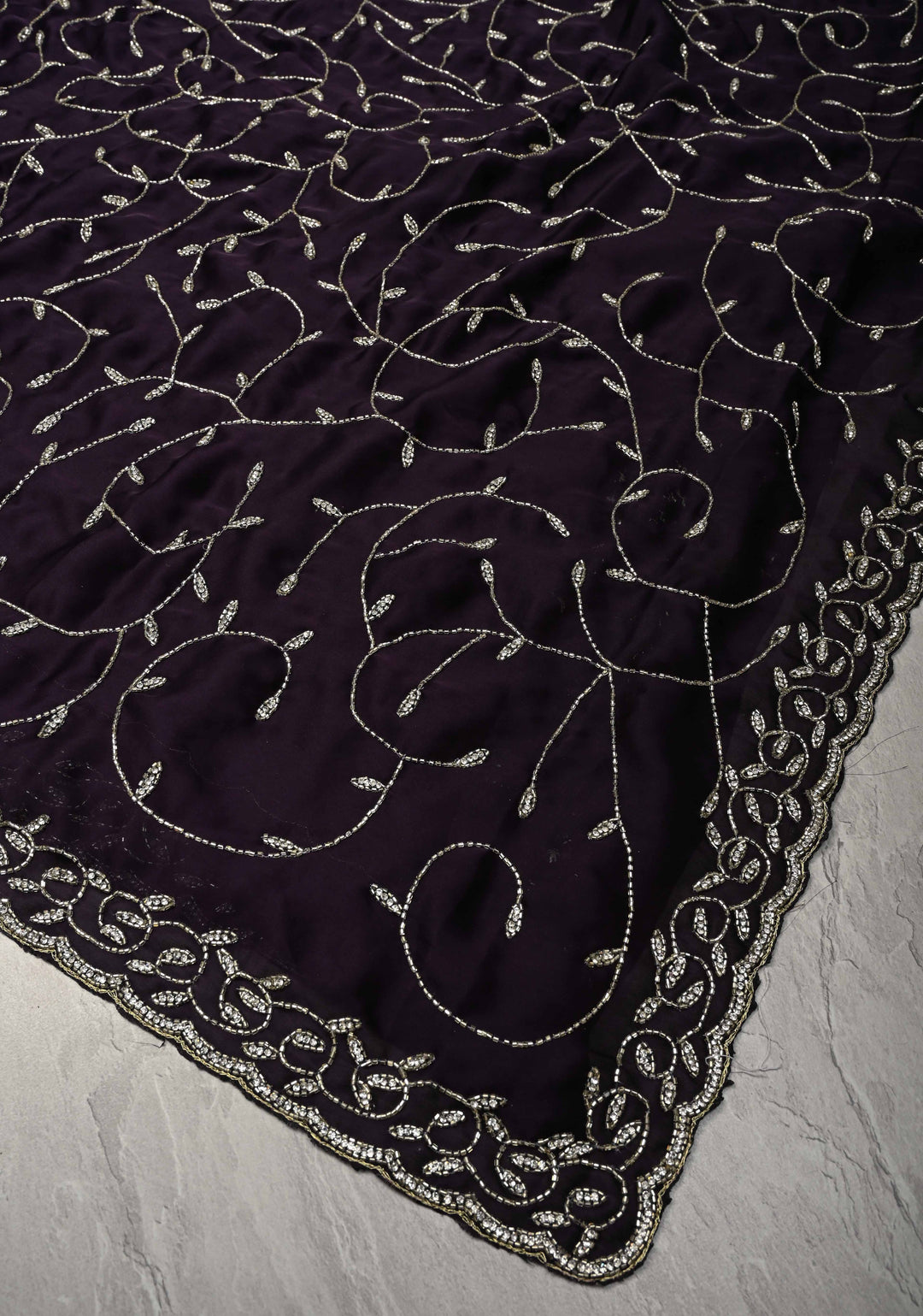 Deep Purple Satin Georgette saree with Cutdana,Stone Work and Full Jall