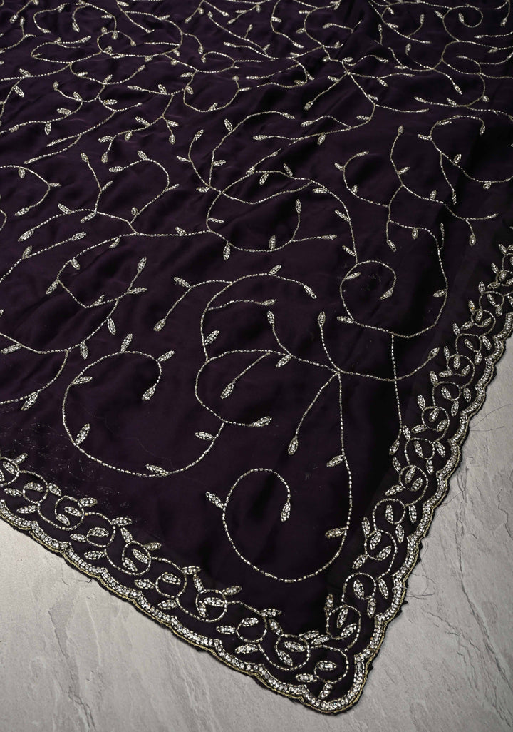 Deep Purple Satin Georgette saree with Cutdana,Stone Work and Full Jall