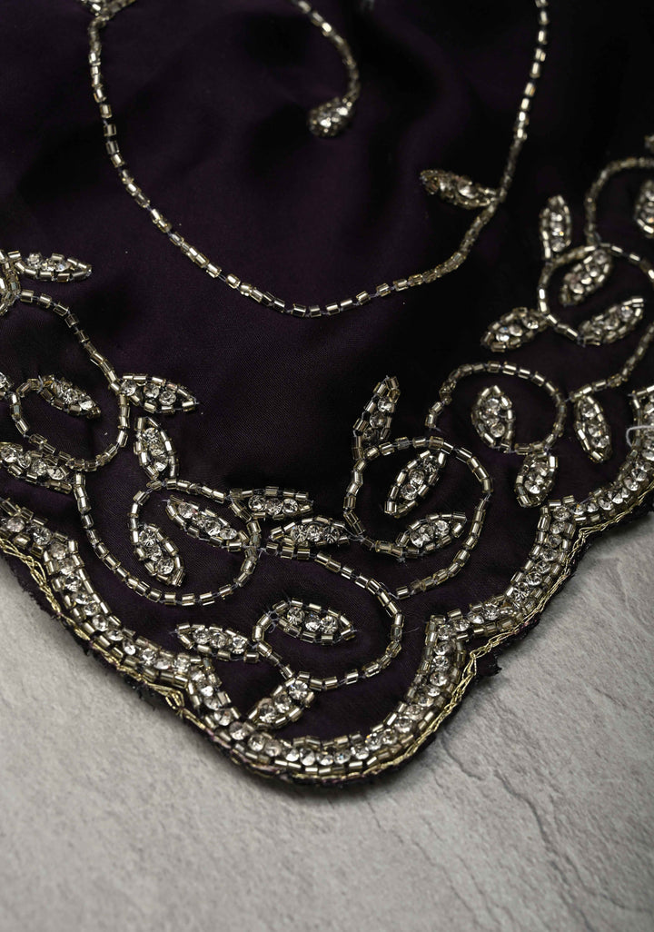 Deep Purple Satin Georgette saree with Cutdana,Stone Work and Full Jall