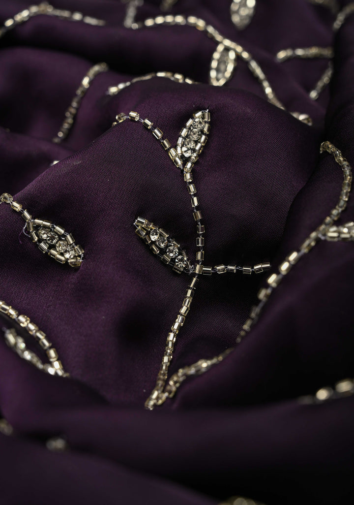Deep Purple Satin Georgette saree with Cutdana,Stone Work and Full Jall