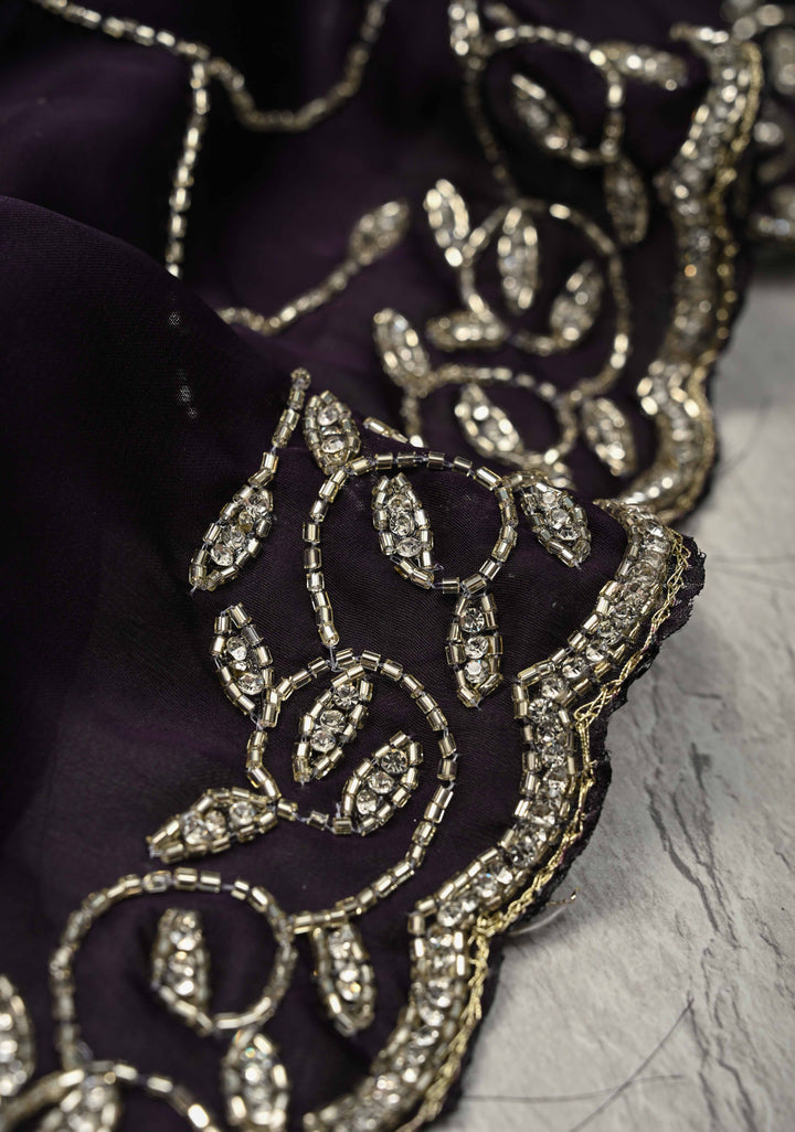 Deep Purple Satin Georgette saree with Cutdana,Stone Work and Full Jall