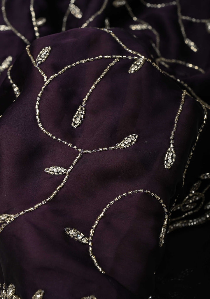 Deep Purple Satin Georgette saree with Cutdana,Stone Work and Full Jall