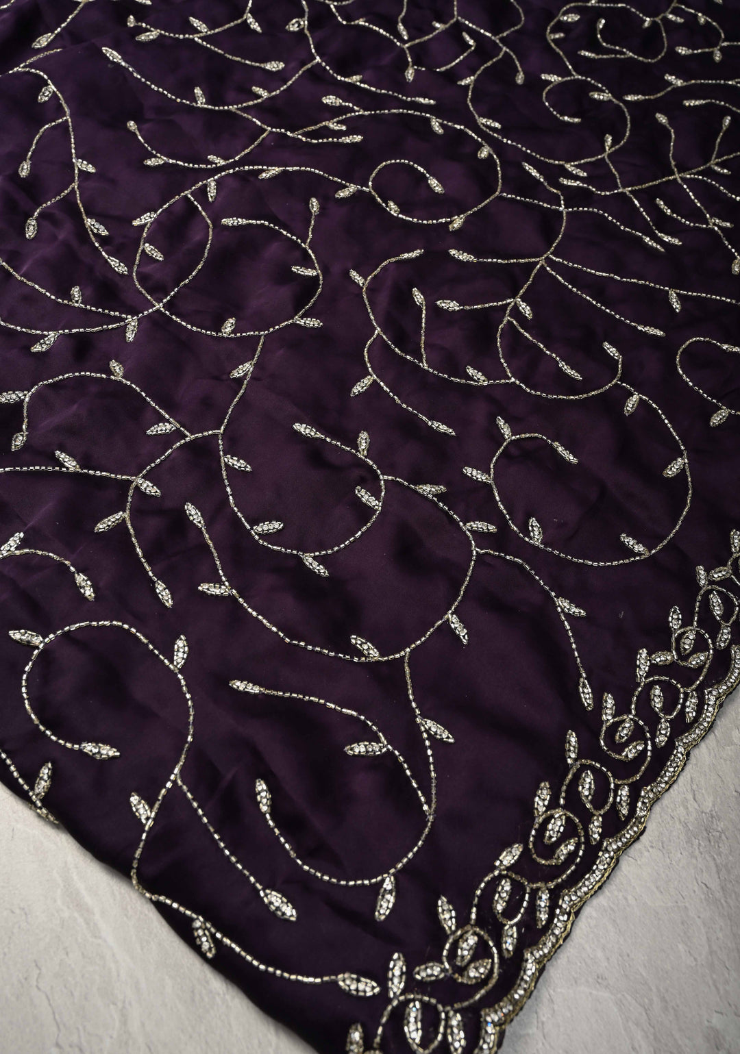 Deep Purple Satin Georgette saree with Cutdana,Stone Work and Full Jall