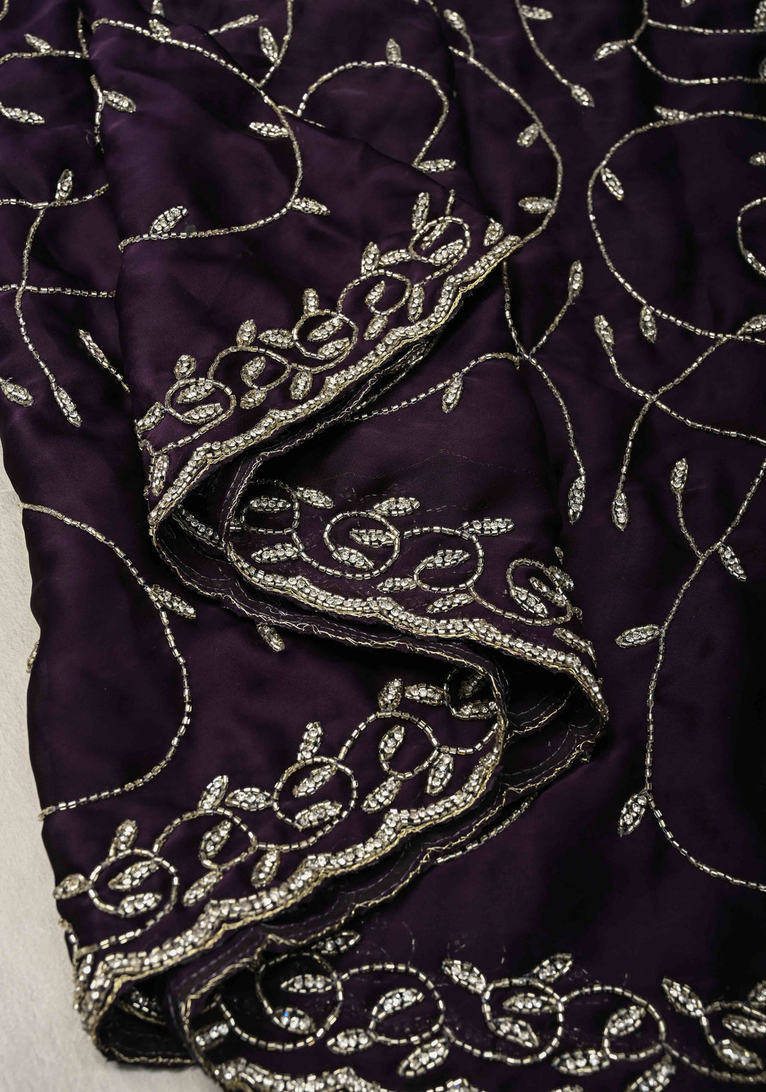 Deep Purple Satin Georgette saree with Cutdana,Stone Work and Full Jall