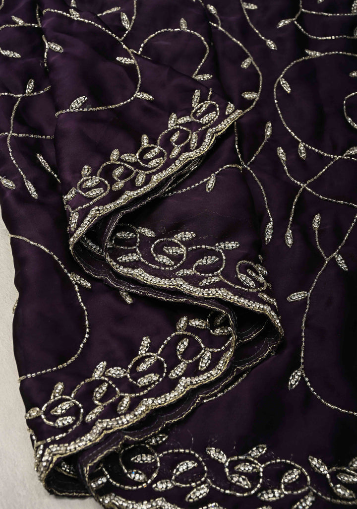 Deep Purple Satin Georgette saree with Cutdana,Stone Work and Full Jall