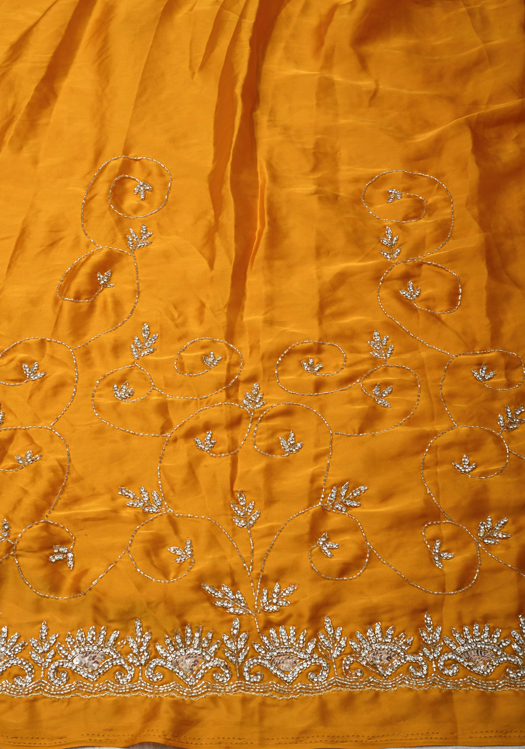 Mustard Yellow Satin Georgette saree with Cutdana,Stone Sequin Work in Jaal Pattern