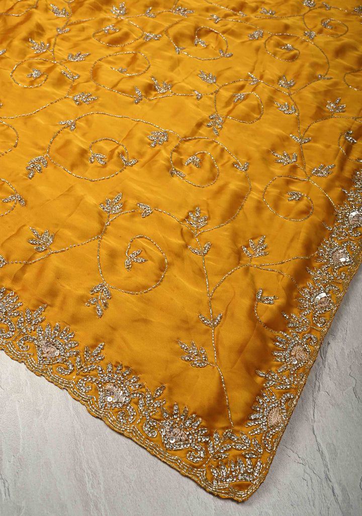 Mustard Yellow Satin Georgette saree with Cutdana,Stone Sequin Work in Jaal Pattern