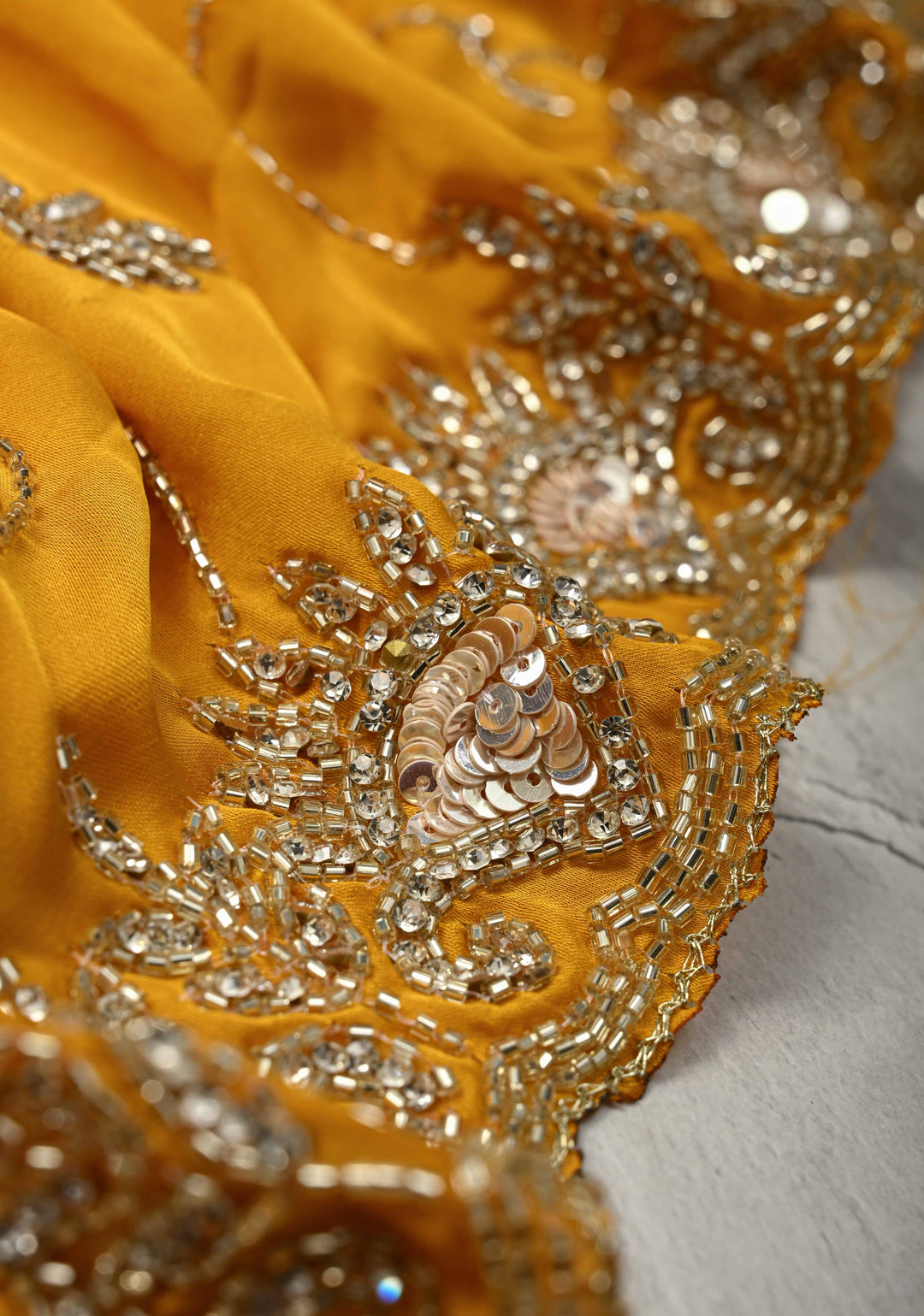 Mustard Yellow Satin Georgette saree with Cutdana,Stone Sequin Work in Jaal Pattern