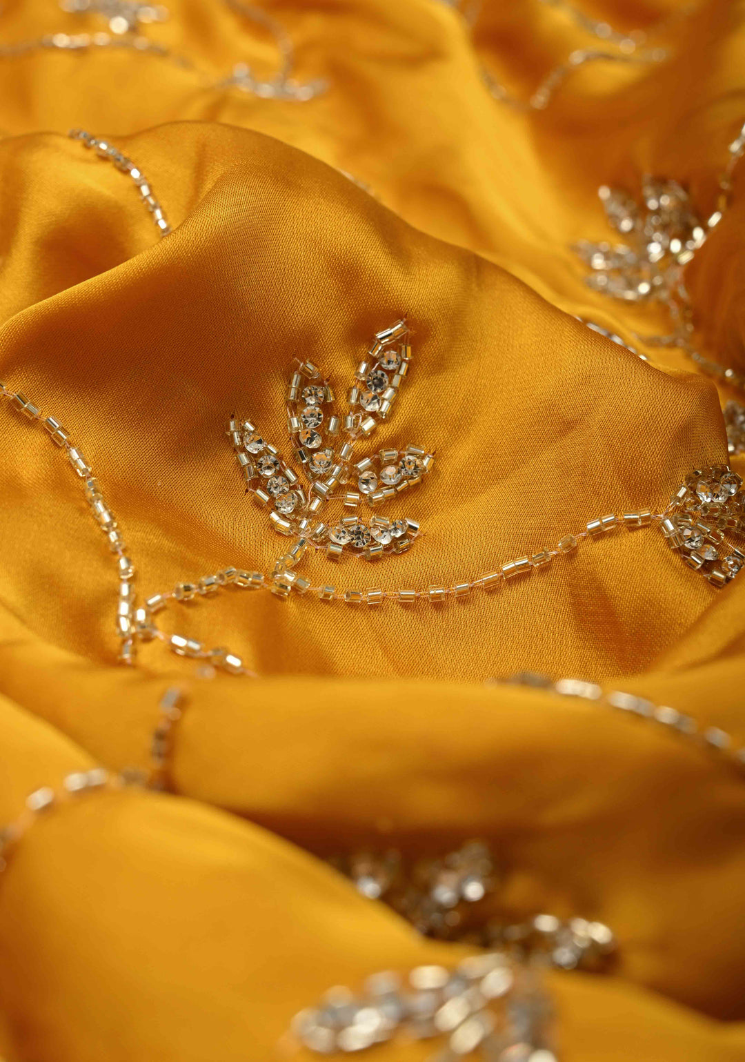 Mustard Yellow Satin Georgette saree with Cutdana,Stone Sequin Work in Jaal Pattern