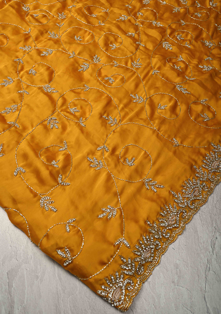 Mustard Yellow Satin Georgette saree with Cutdana,Stone Sequin Work in Jaal Pattern