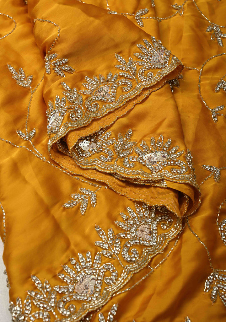 Mustard Yellow Satin Georgette saree with Cutdana,Stone Sequin Work in Jaal Pattern