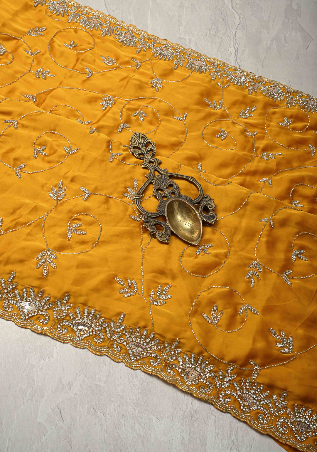 Mustard Yellow Satin Georgette saree with Cutdana,Stone Sequin Work in Jaal Pattern