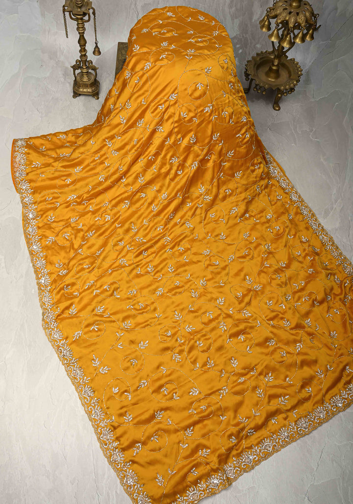 Mustard Yellow Satin Georgette saree with Cutdana,Stone Sequin Work in Jaal Pattern