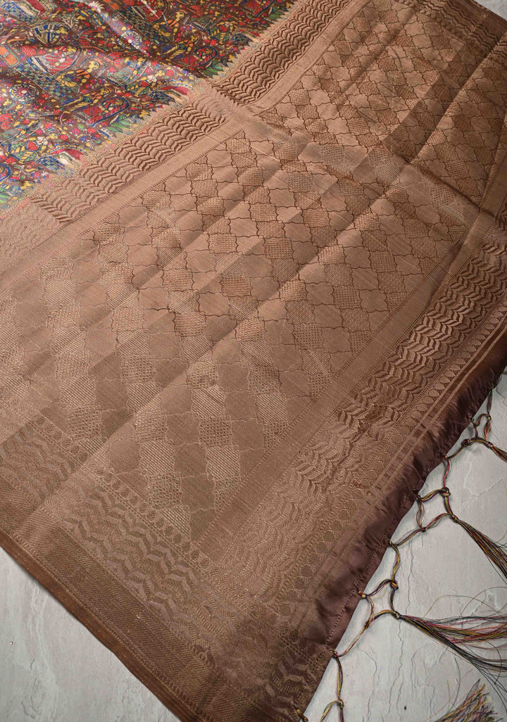 Semi Tussar Silk Saree with Kalamkari Digital Print in Dark Brown