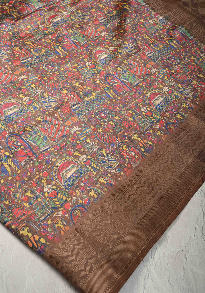 Semi Tussar Silk Saree with Kalamkari Digital Print in Dark Brown