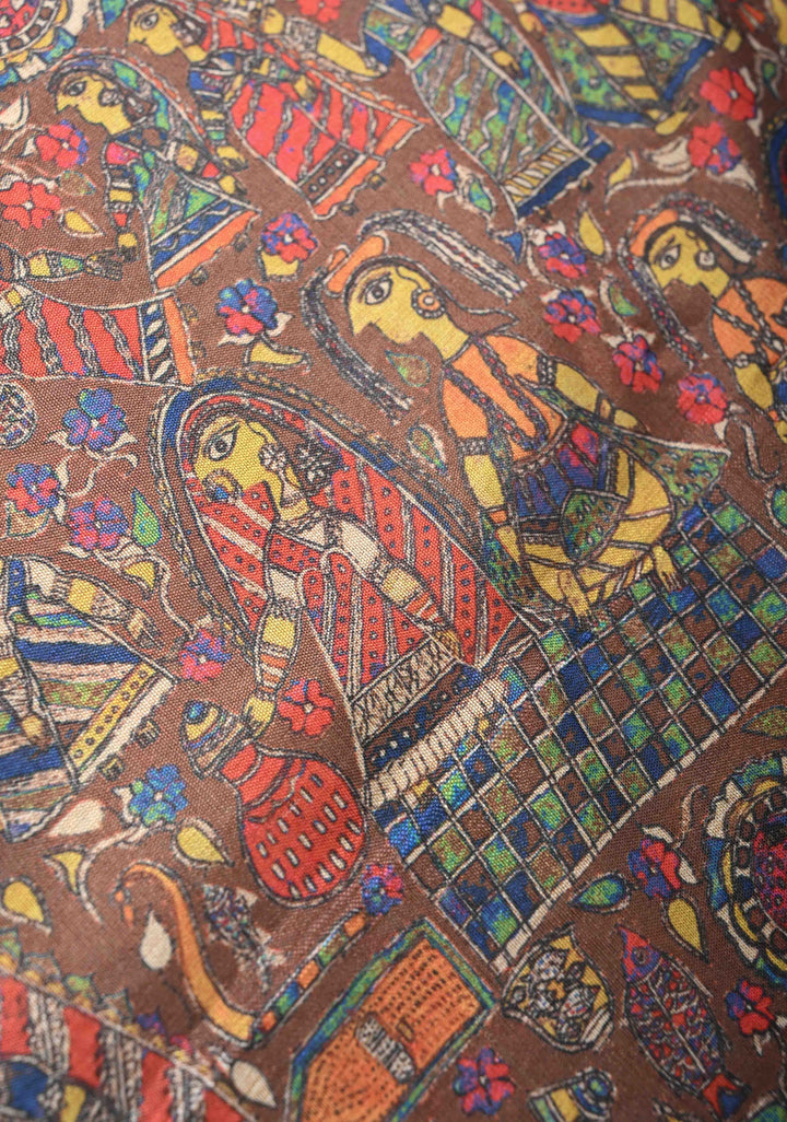 Semi Tussar Silk Saree with Kalamkari Digital Print in Dark Brown
