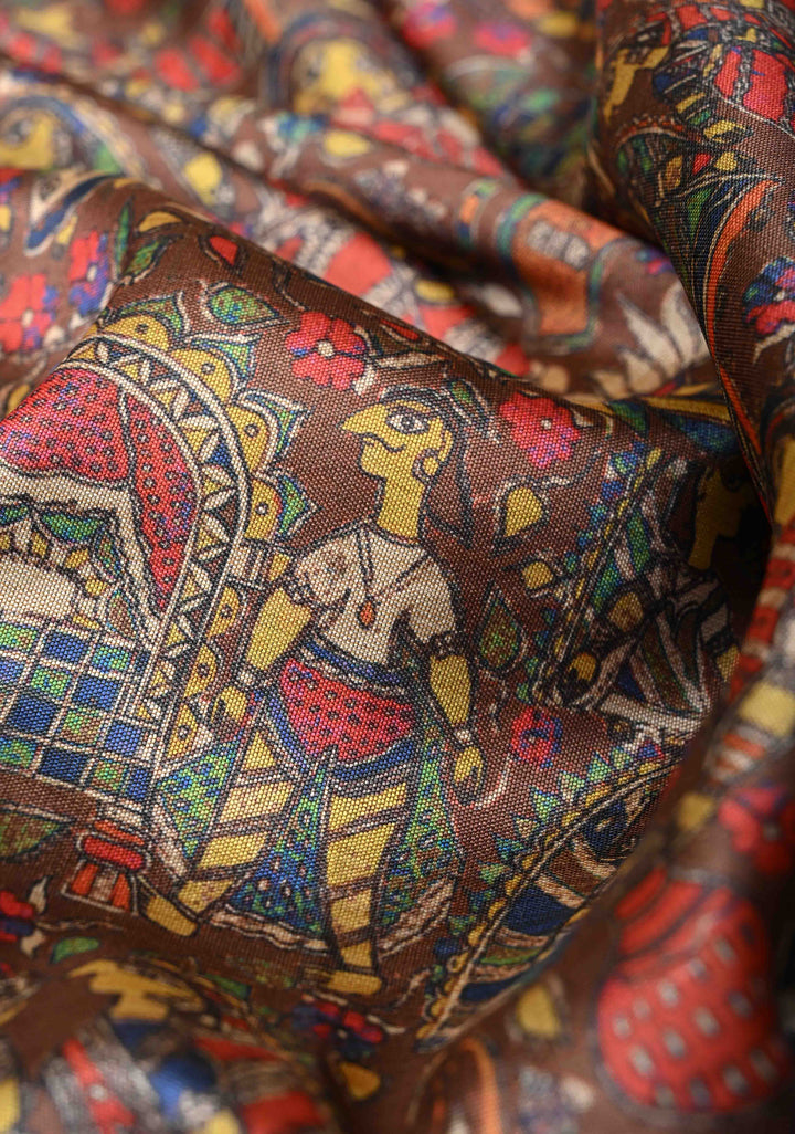 Semi Tussar Silk Saree with Kalamkari Digital Print in Dark Brown