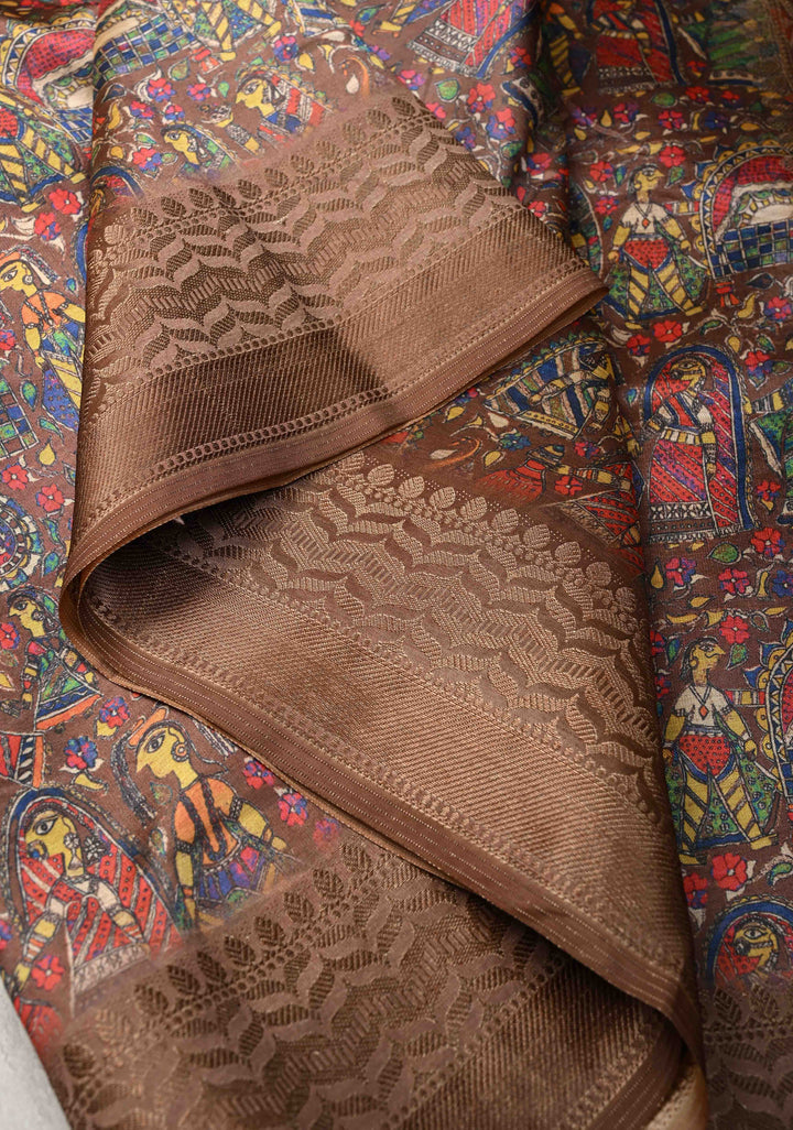 Semi Tussar Silk Saree with Kalamkari Digital Print in Dark Brown