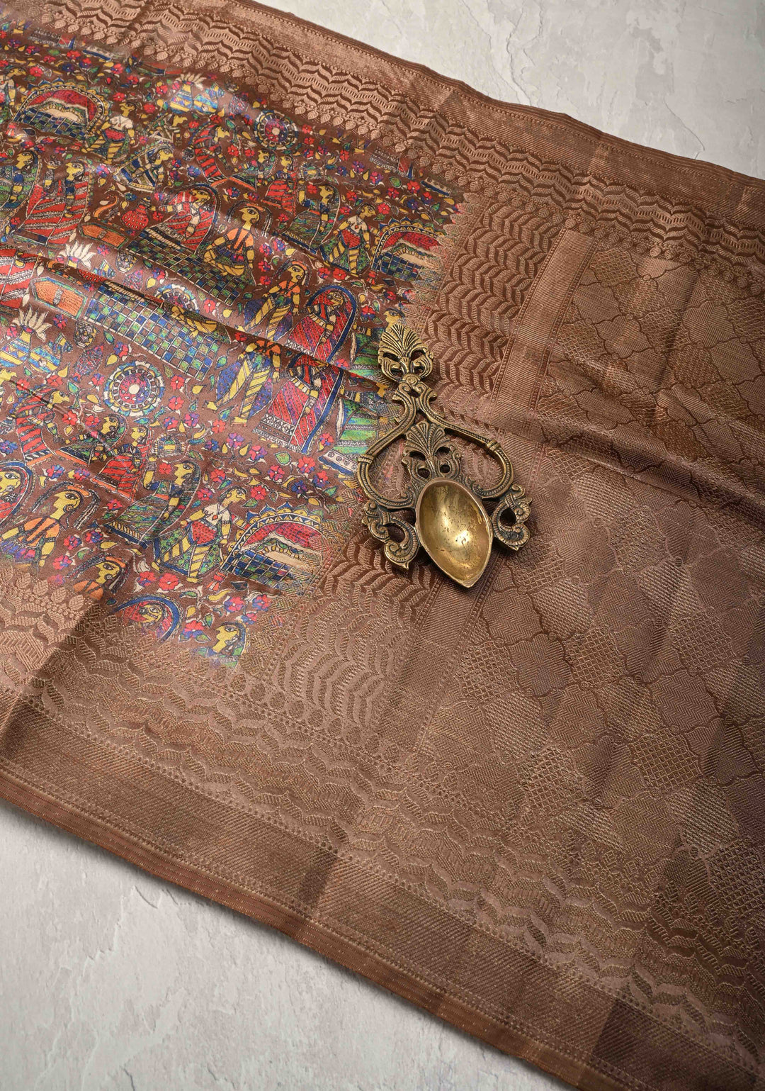 Semi Tussar Silk Saree with Kalamkari Digital Print in Dark Brown