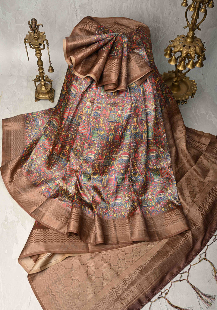 Semi Tussar Silk Saree with Kalamkari Digital Print in Dark Brown