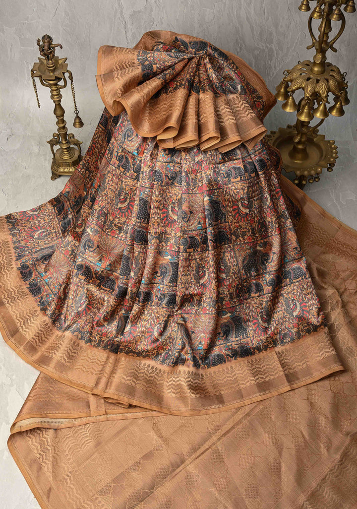 Semi Tussar Silk Saree with Kalamkari Digital Print in Mustard