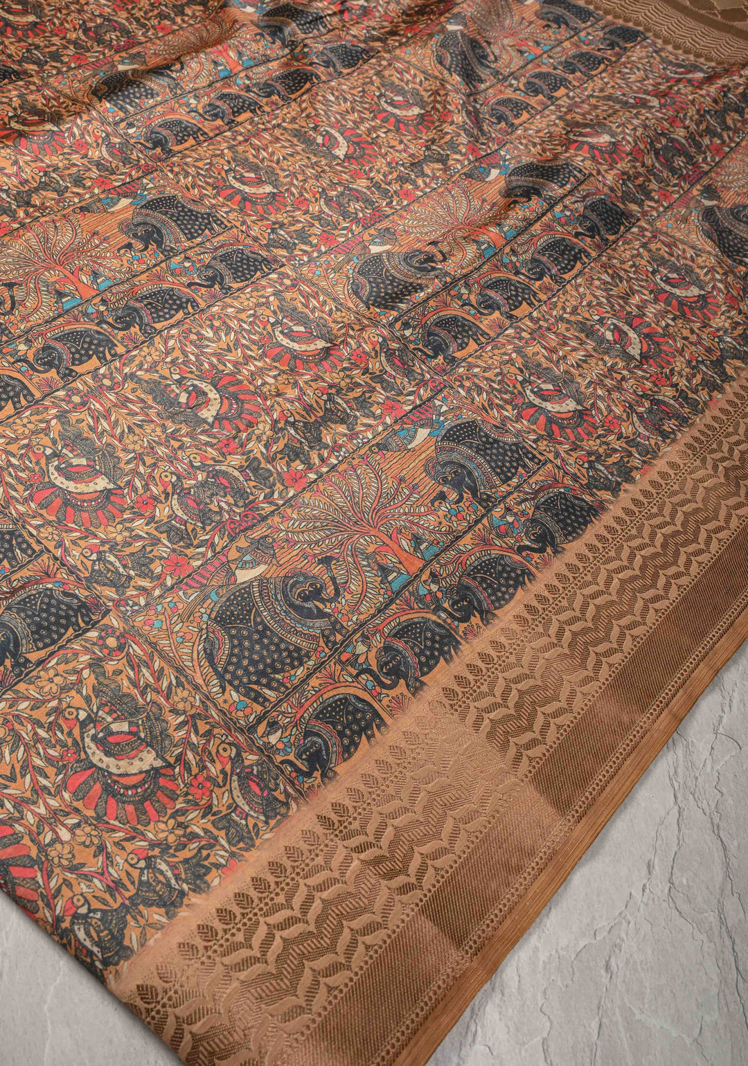 Semi Tussar Silk Saree with Kalamkari Digital Print in Mustard