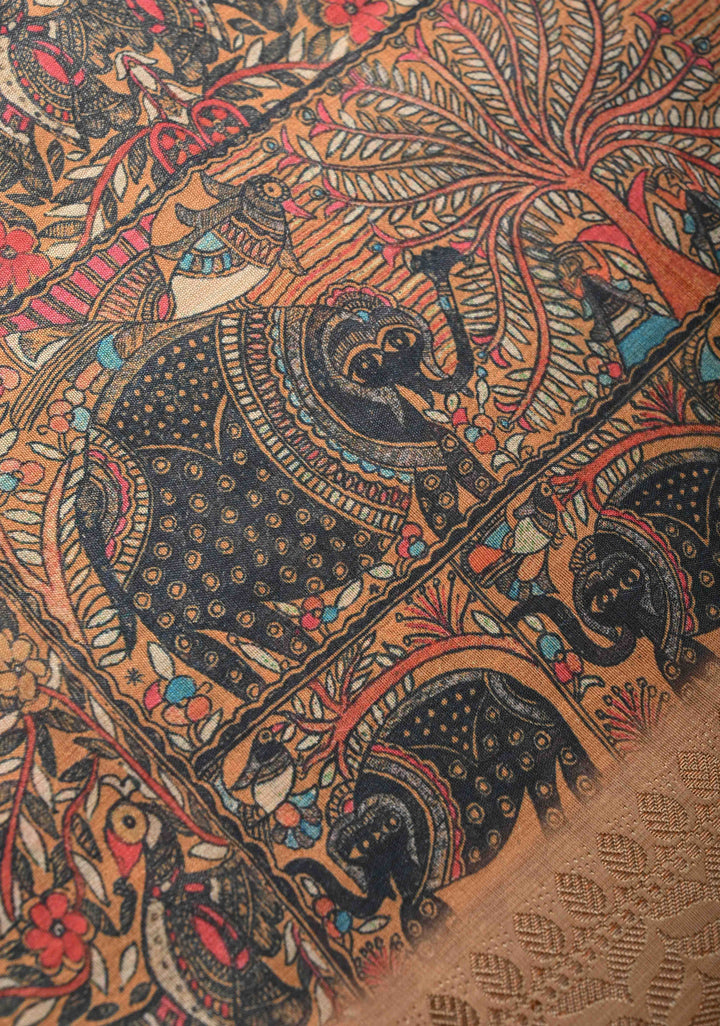 Semi Tussar Silk Saree with Kalamkari Digital Print in Mustard