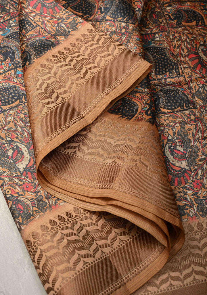 Semi Tussar Silk Saree with Kalamkari Digital Print in Mustard