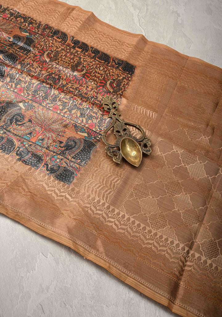 Semi Tussar Silk Saree with Kalamkari Digital Print in Mustard