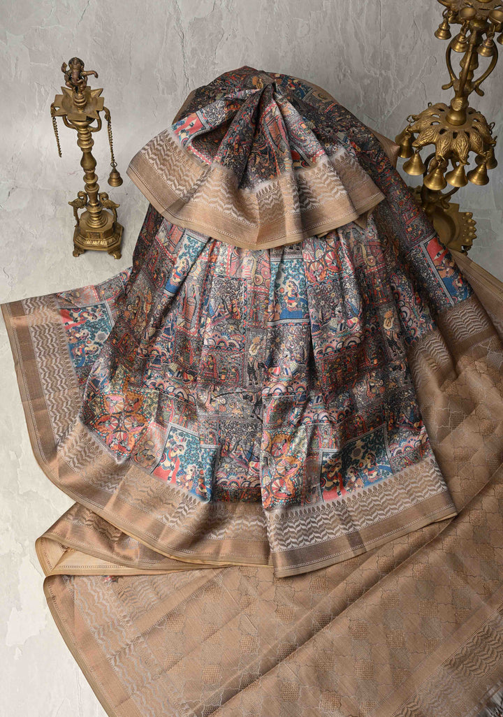 Semi Tussar Silk Saree with Kalamkari Digital Print in Gray