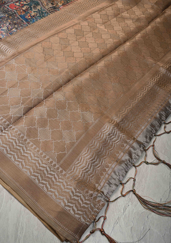 Semi Tussar Silk Saree with Kalamkari Digital Print in Gray