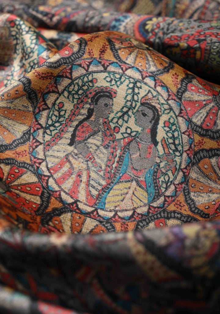 Semi Tussar Silk Saree with Kalamkari Digital Print in Gray