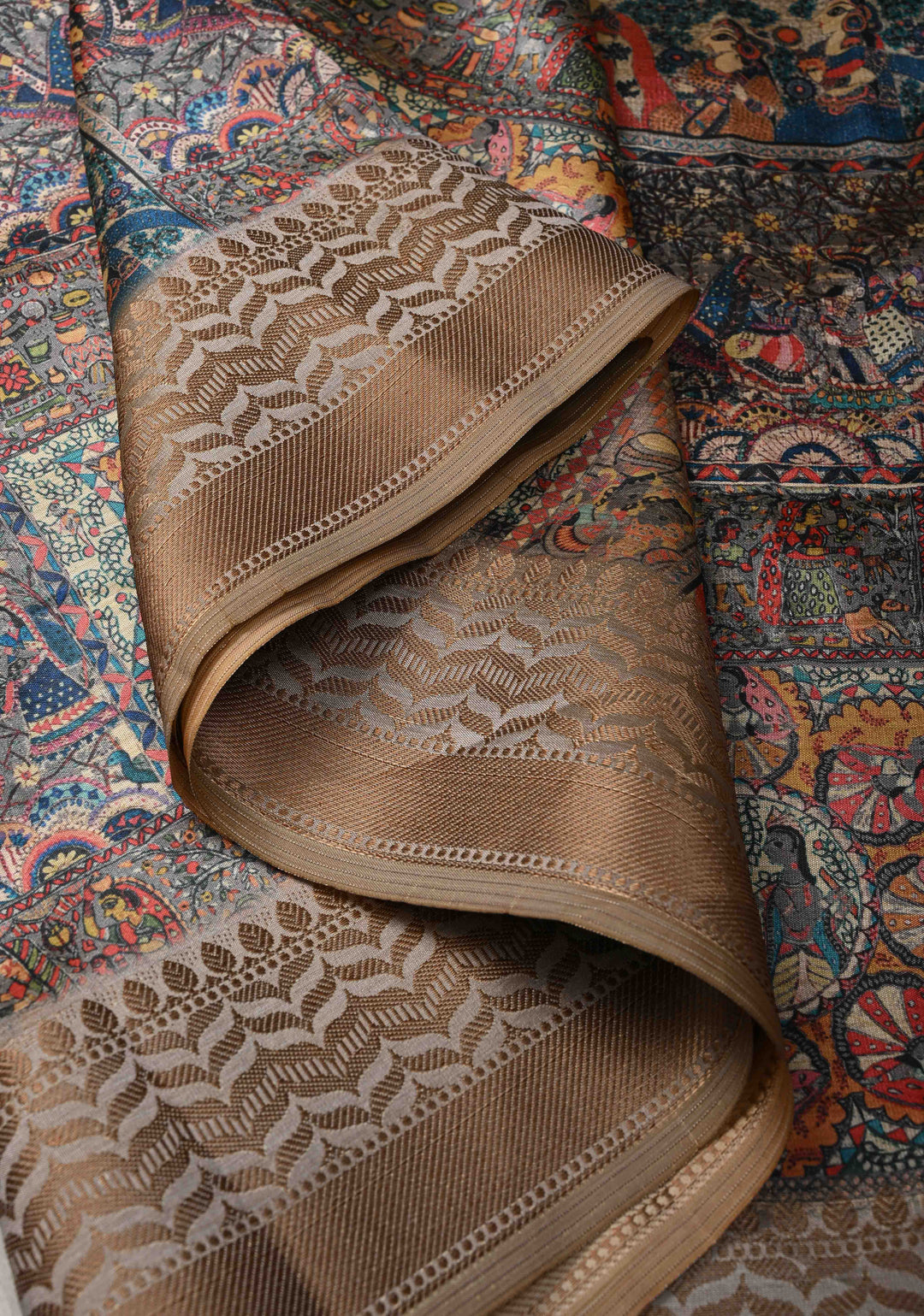 Semi Tussar Silk Saree with Kalamkari Digital Print in Gray