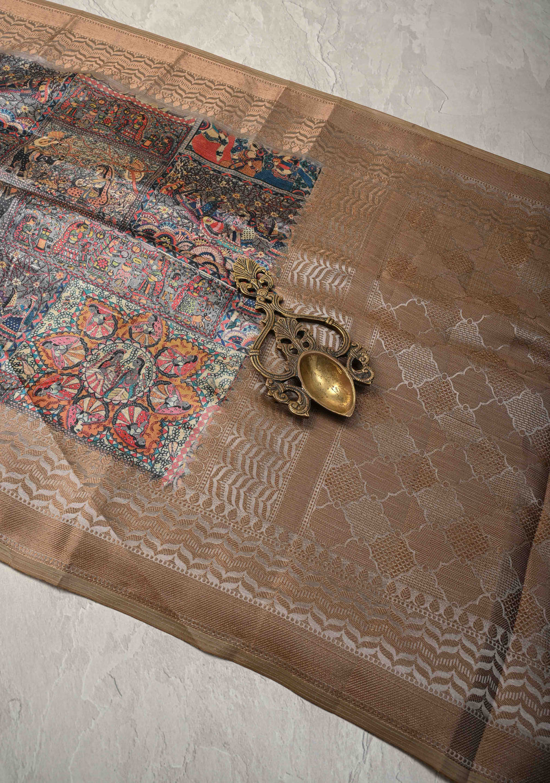 Semi Tussar Silk Saree with Kalamkari Digital Print in Gray