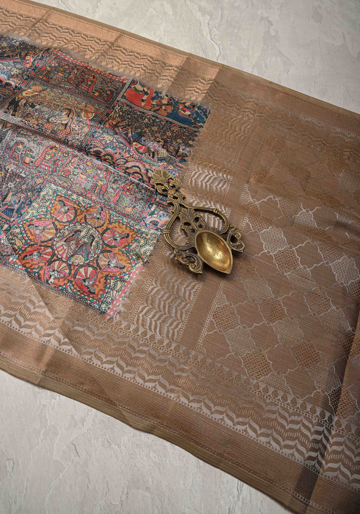 Semi Tussar Silk Saree with Kalamkari Digital Print in Gray