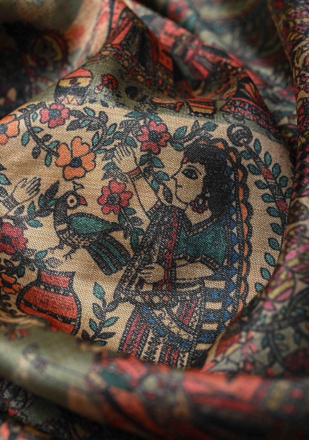 Semi Tussar Silk Saree with Kalamkari Digital Print in Olive Green