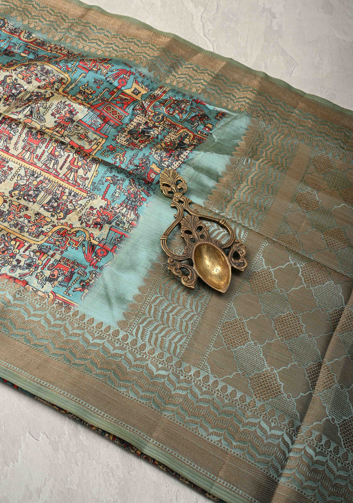 Semi Tussar Silk Saree with Kalamkari Digital Print in Teal Green