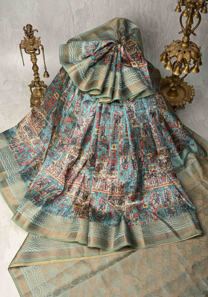 Semi Tussar Silk Saree with Kalamkari Digital Print in Teal Green