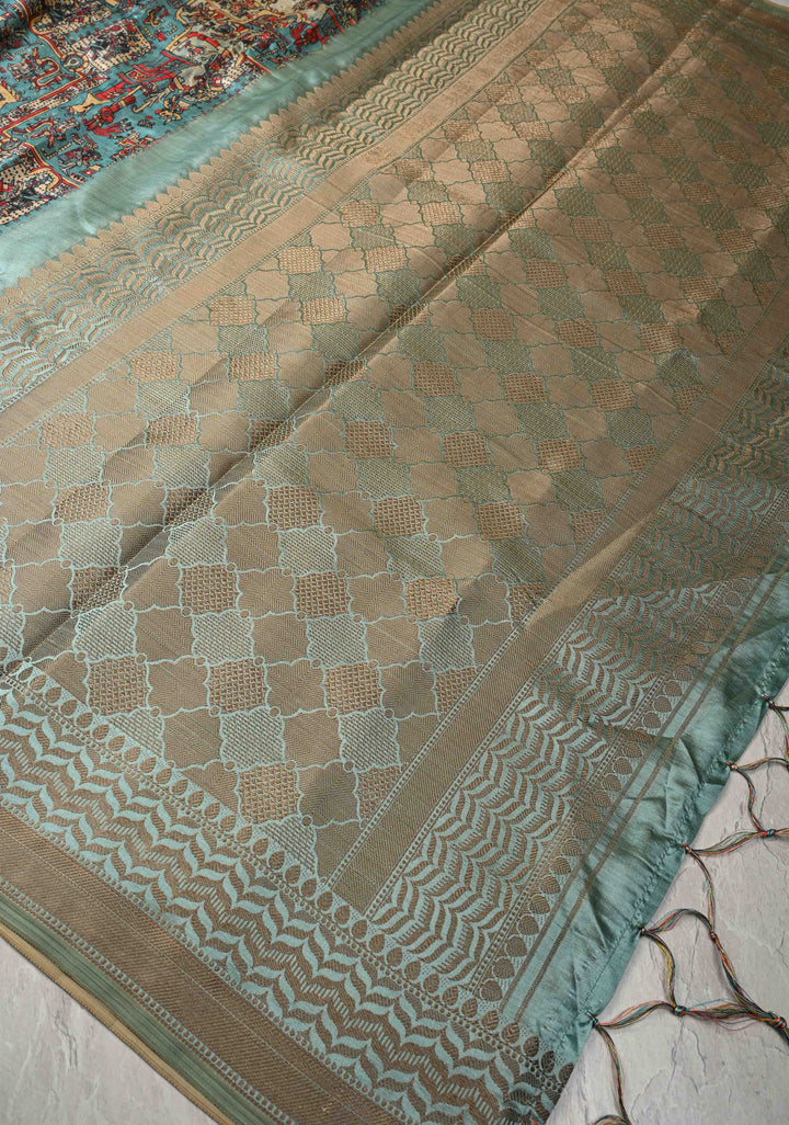 Semi Tussar Silk Saree with Kalamkari Digital Print in Teal Green
