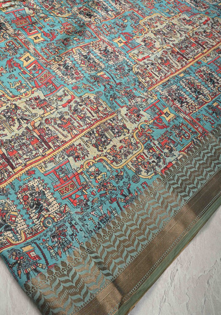 Semi Tussar Silk Saree with Kalamkari Digital Print in Teal Green