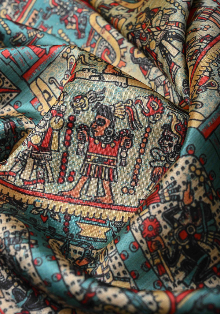 Semi Tussar Silk Saree with Kalamkari Digital Print in Teal Green