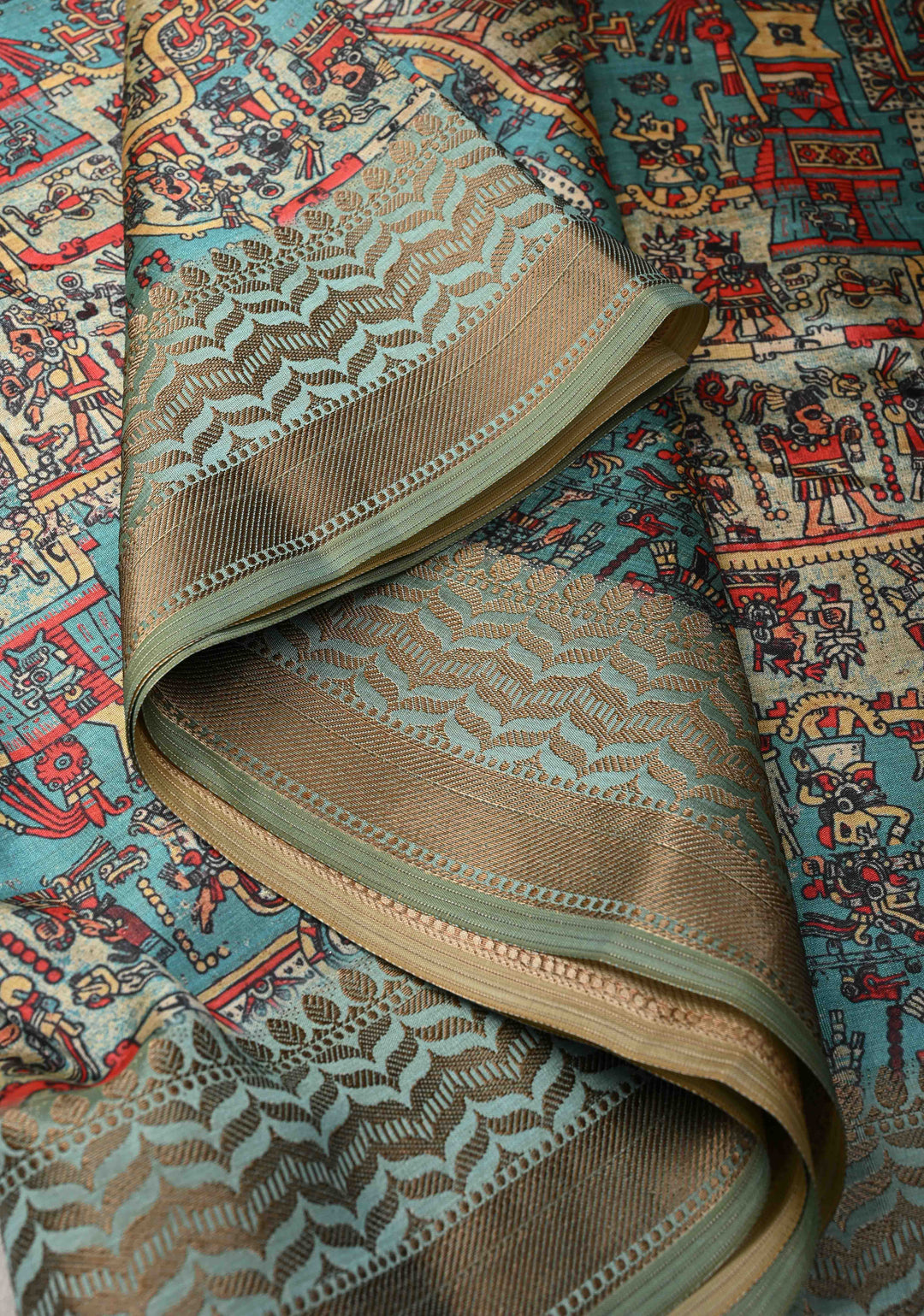 Semi Tussar Silk Saree with Kalamkari Digital Print in Teal Green