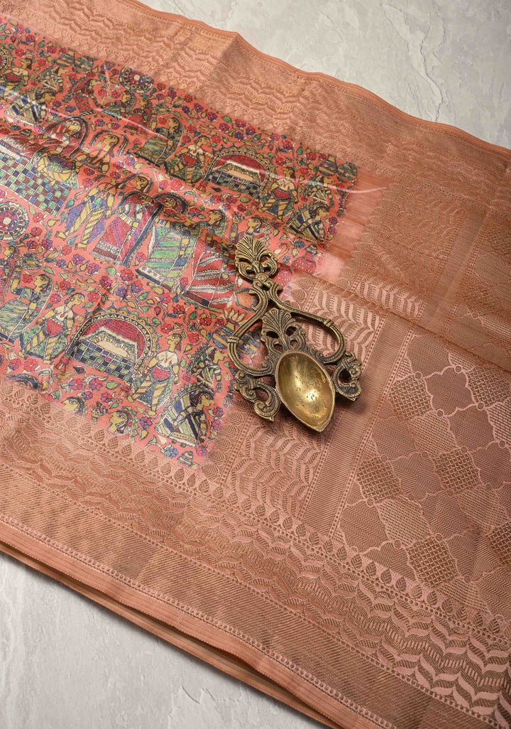 Semi Tussar Silk Saree with Kalamkari Digital Print in Coral