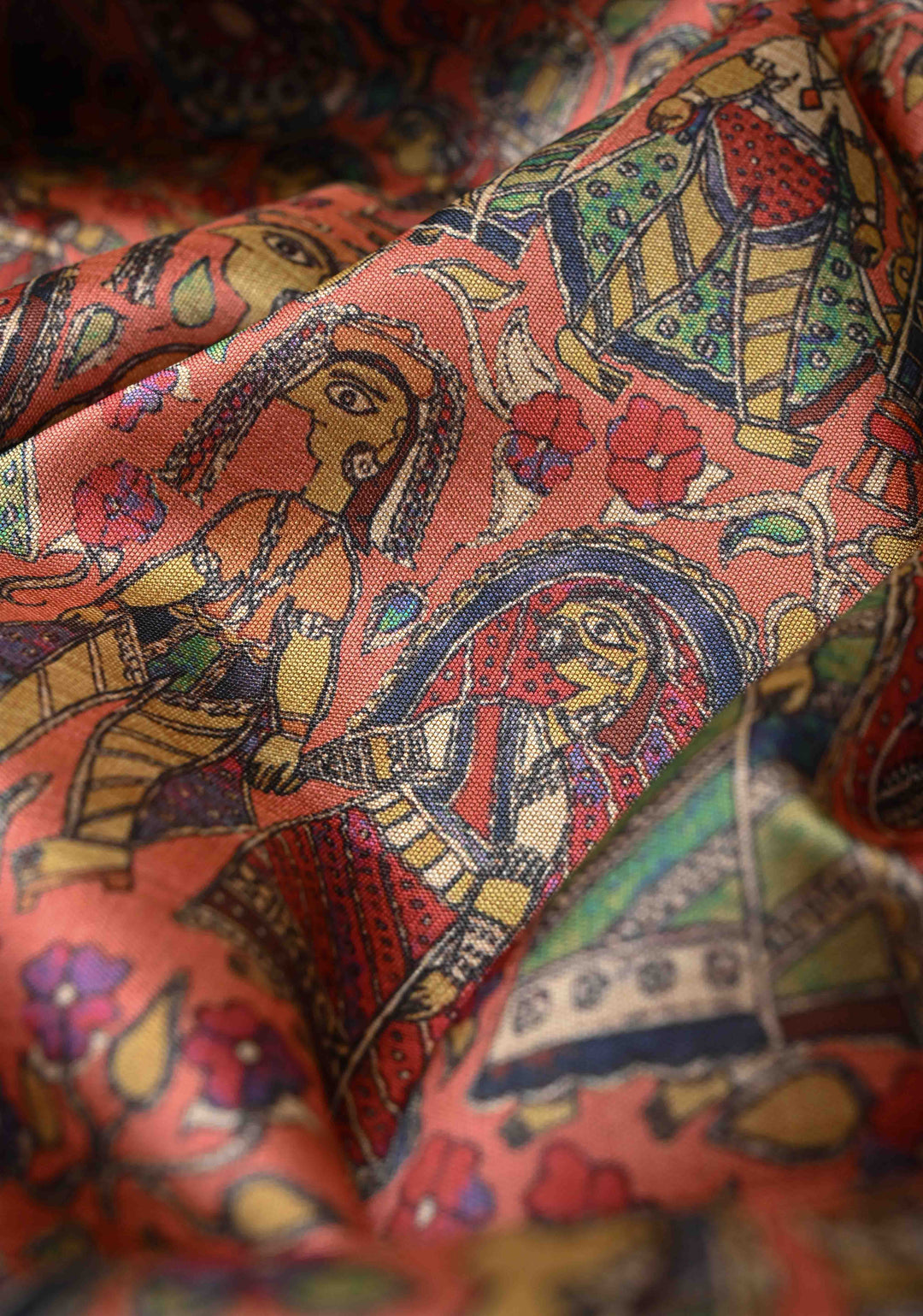 Semi Tussar Silk Saree with Kalamkari Digital Print in Coral