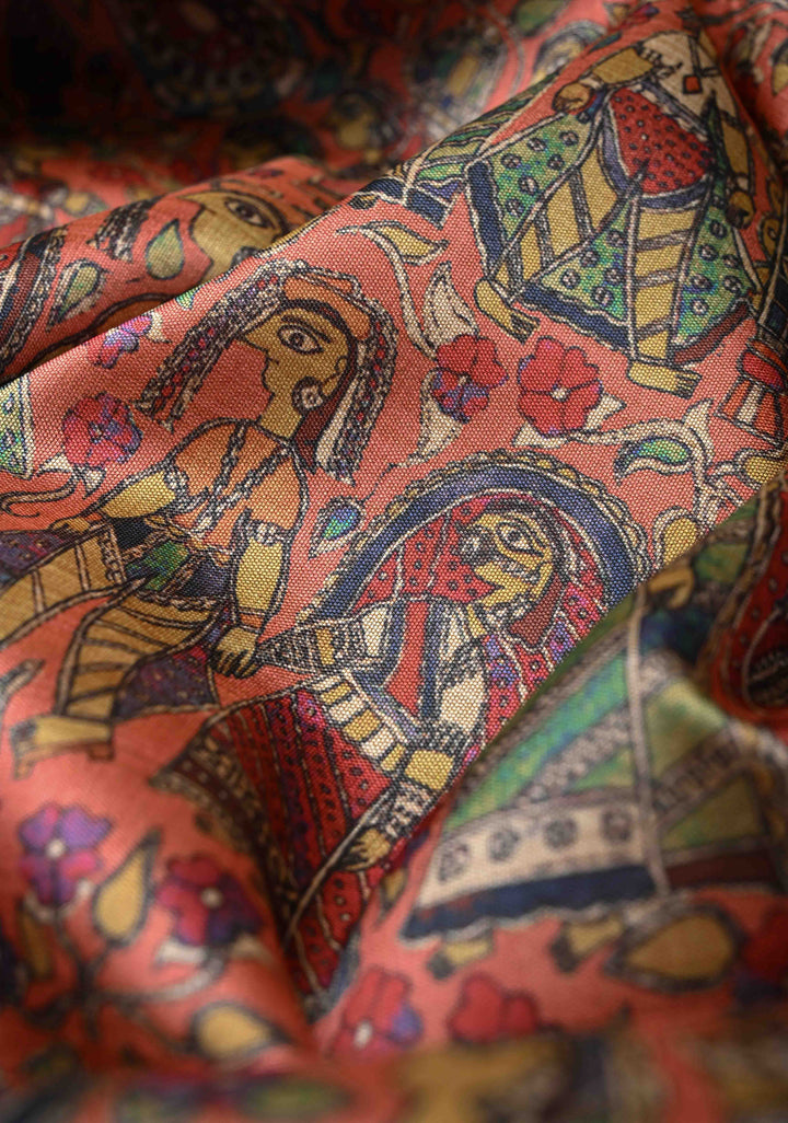 Semi Tussar Silk Saree with Kalamkari Digital Print in Coral
