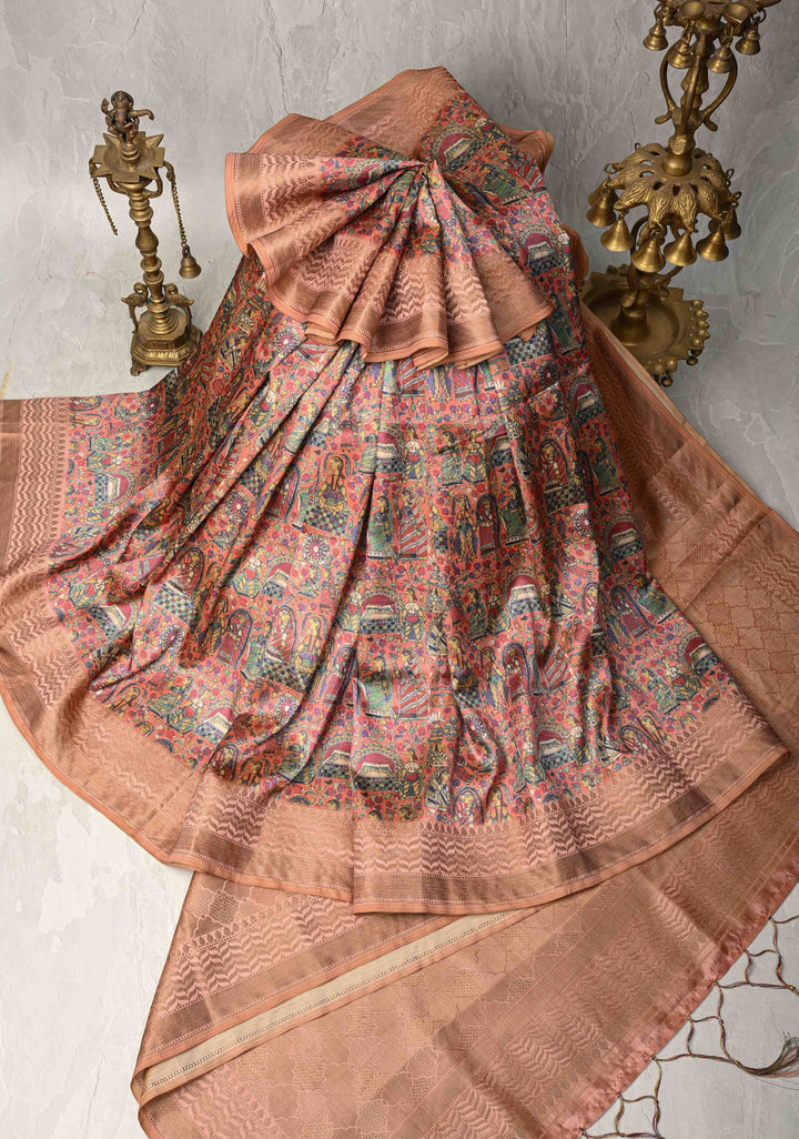 Semi Tussar Silk Saree with Kalamkari Digital Print in Coral