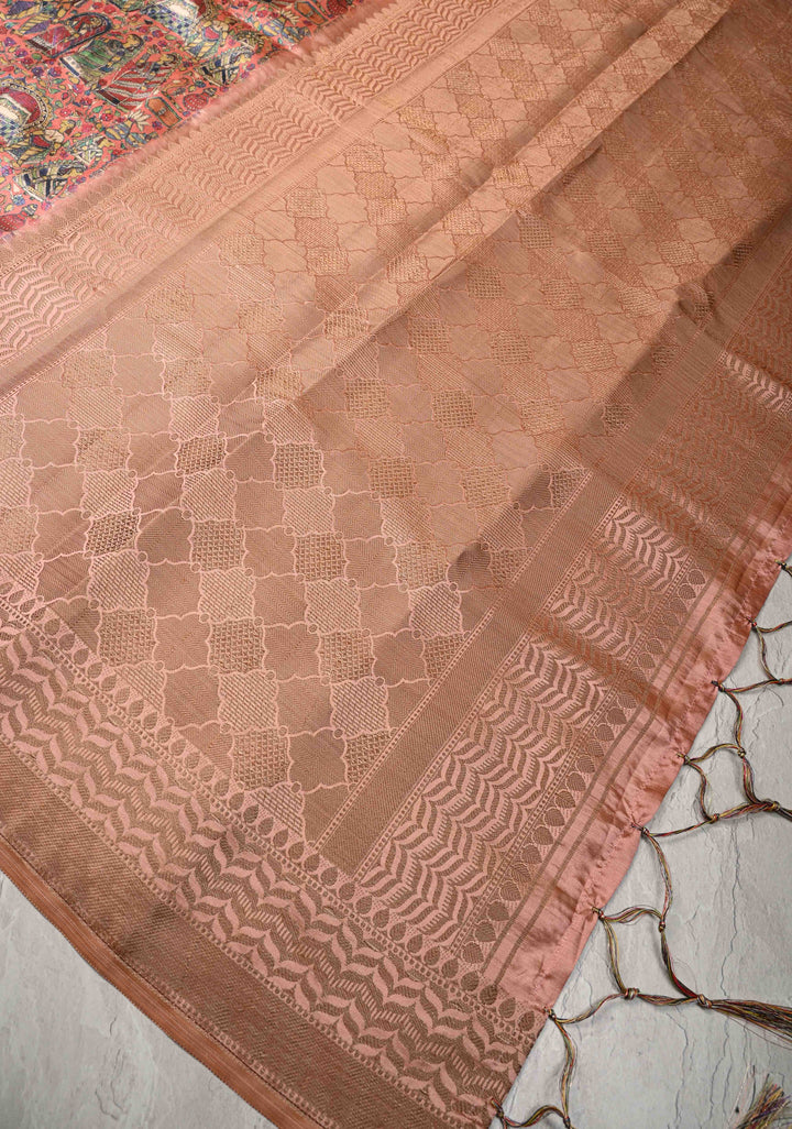 Semi Tussar Silk Saree with Kalamkari Digital Print in Coral