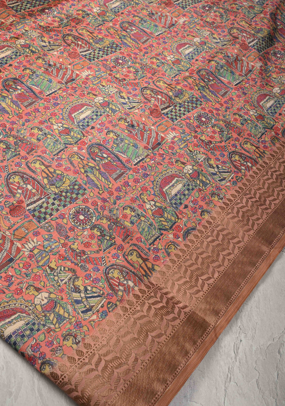 Semi Tussar Silk Saree with Kalamkari Digital Print in Coral