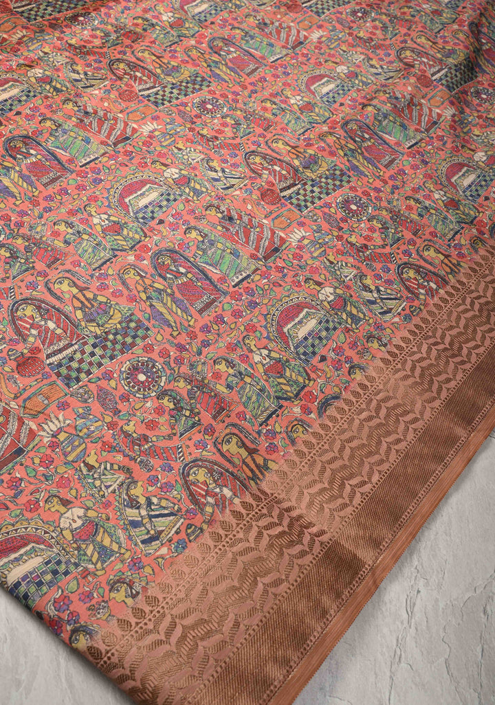 Semi Tussar Silk Saree with Kalamkari Digital Print in Coral